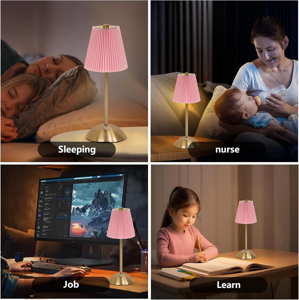 Pink Table Lamps, Battery Operated Cordless Desk Lamp, 3 ColorDimming, Rechargrable LED Lamp,Fabric Lamps, Vintage Aesthetic Lamp for Bedside, Living Room, Home Decor (Gold+Pink)