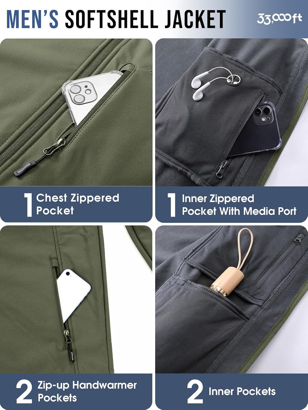 33,000ft Men's Hooded Softshell Jacket Waterproof Fleece Windbreaker Jacket