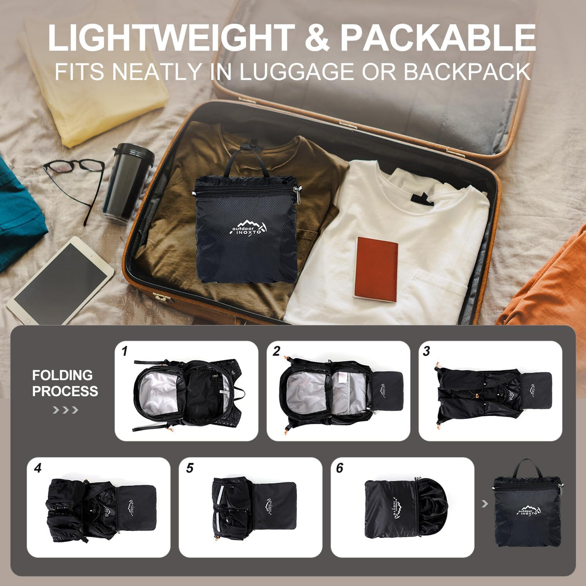 IX INOXTO 15L Small Hiking Backpack Lightweight Foldable Packable Backpack Waterproof Travel Camping Daypack for Men Women (Black)