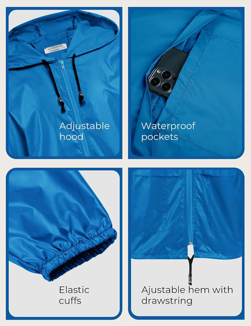 COOFANDY Mens Packable Rain Jacket Lightweight Waterproof Raincoat with Hood Outdoor Rain Gear Travel Hiking Cycling