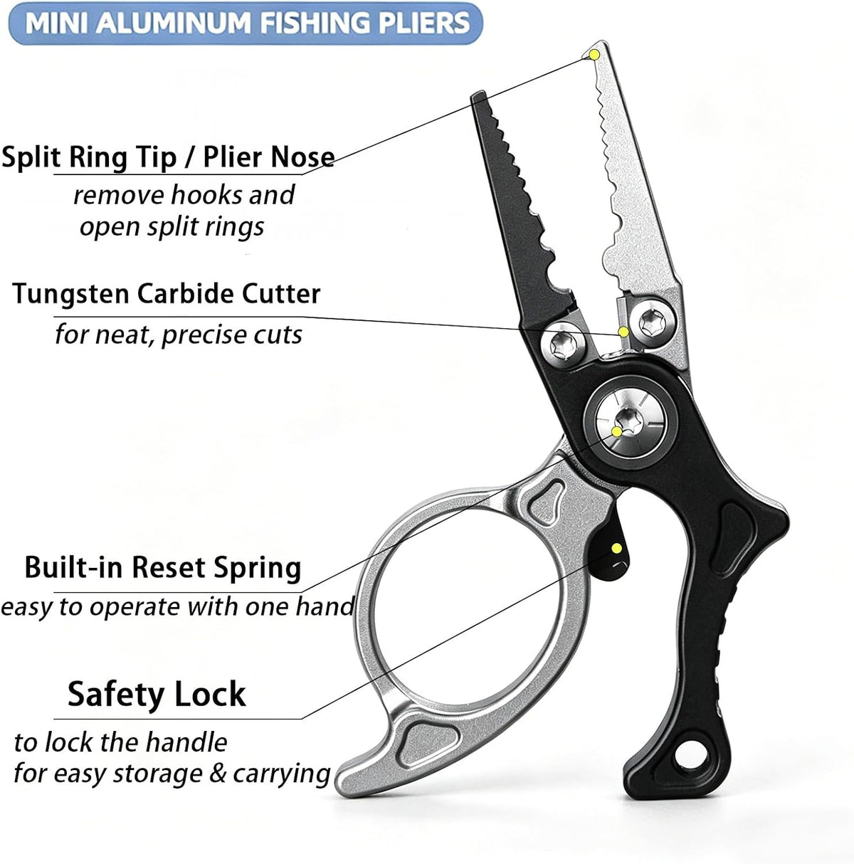 Mini Fishing Pliers with Zinger Retractor, Split Ring Pliers for Saltwater & Freshwater, Tungsten Carbide Braid Cutters & Hook Remover, Compact Multitool for Freshwater Fly Fishing,Bass Fishing