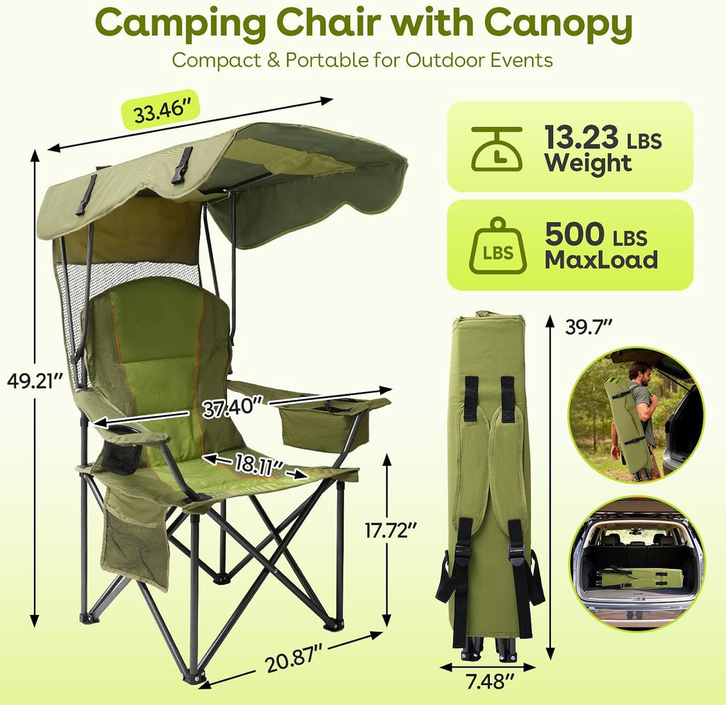Suteck Camping Chair with Canopy Shade, Folding Outdoor Beach Chairs, Green