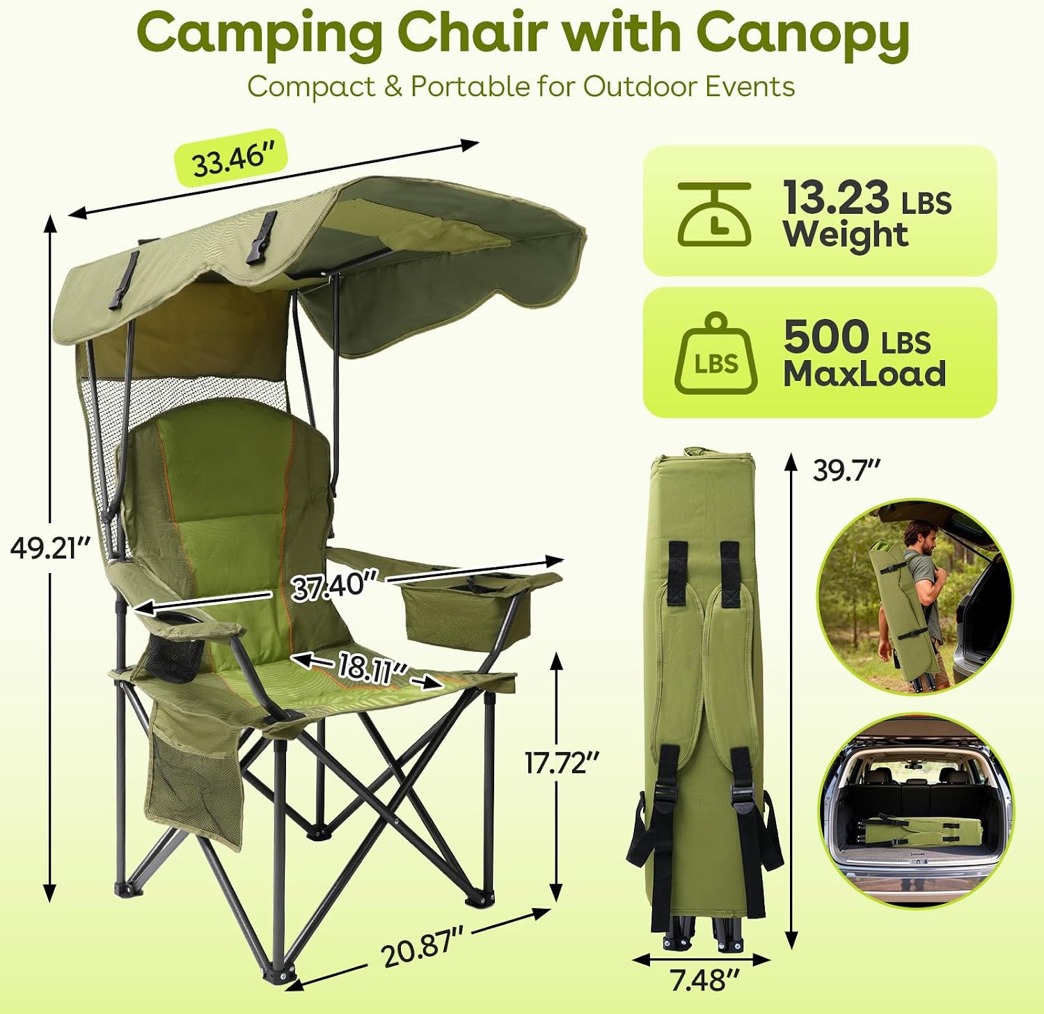 Suteck Camping Chair with Canopy Shade, Folding Outdoor Beach Chairs, Green