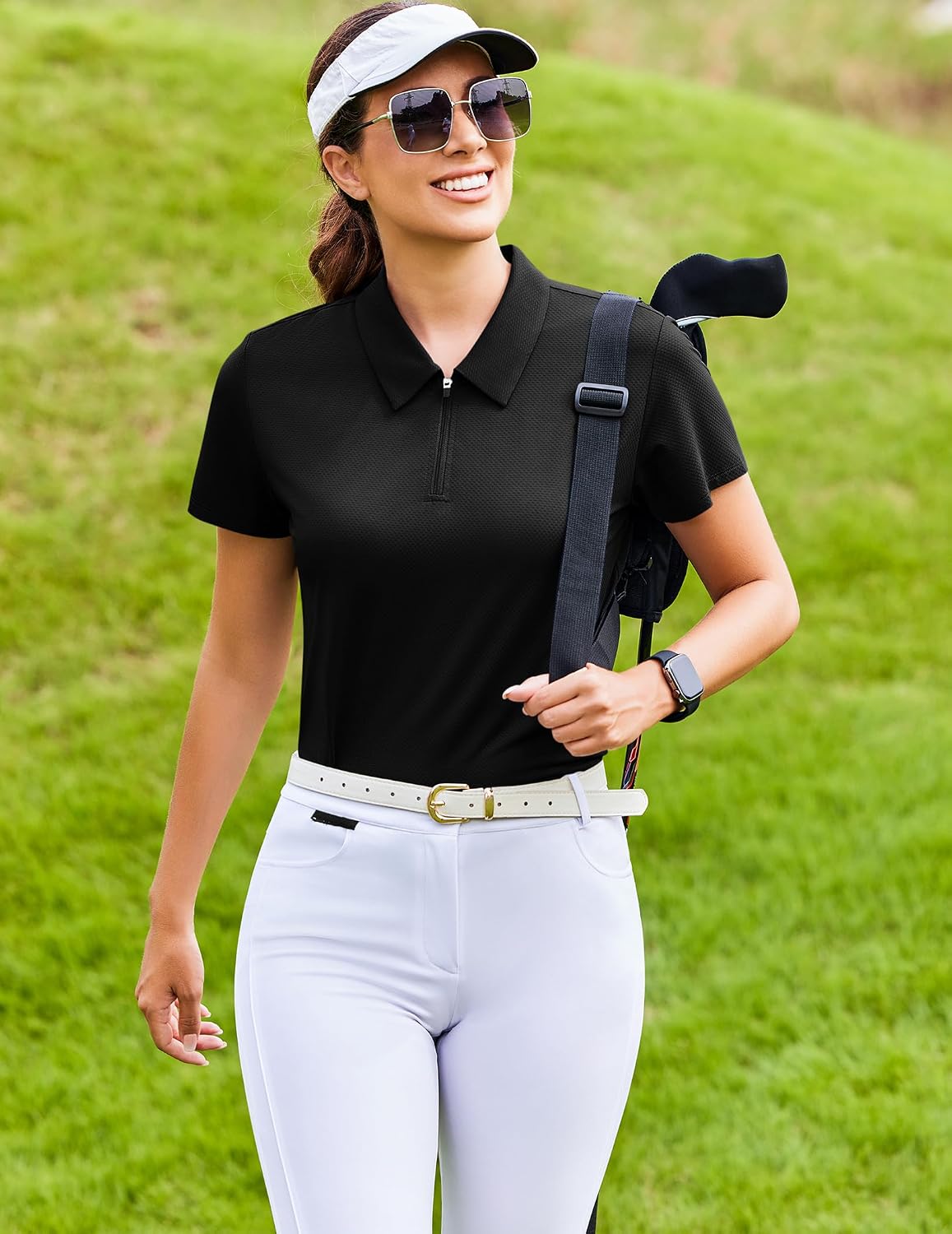 PINSPARK Womens Golf Shirt Short Sleeve Polo UPF 50+ 1/4 Zip Collar Shirt