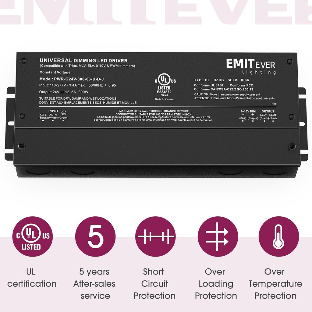 EMITEVER 2-Pack 300W 24V 5-in-1 Dimmable LED Driver, AC 110-277V to DC