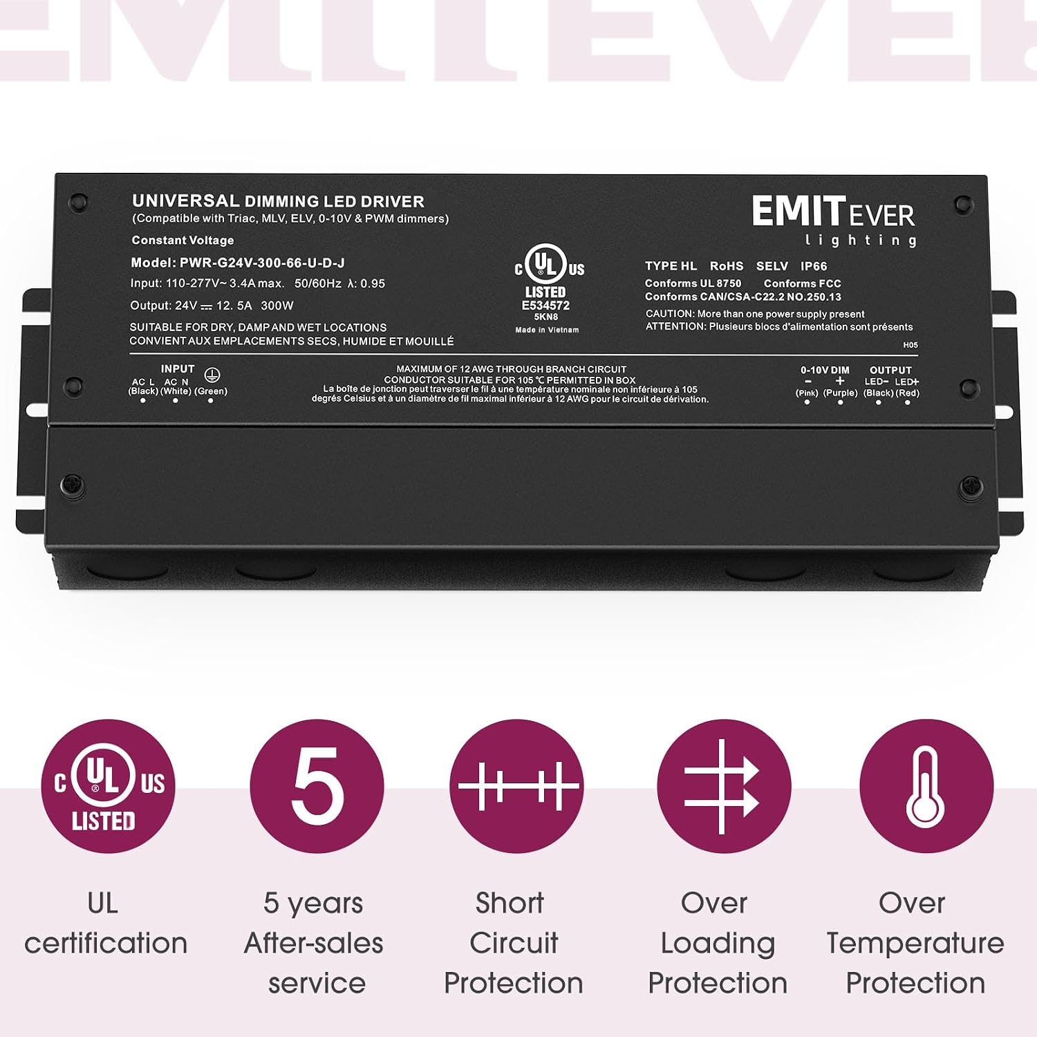 EMITEVER 2-Pack 300W 24V 5-in-1 Dimmable LED Driver, AC 110-277V to DC