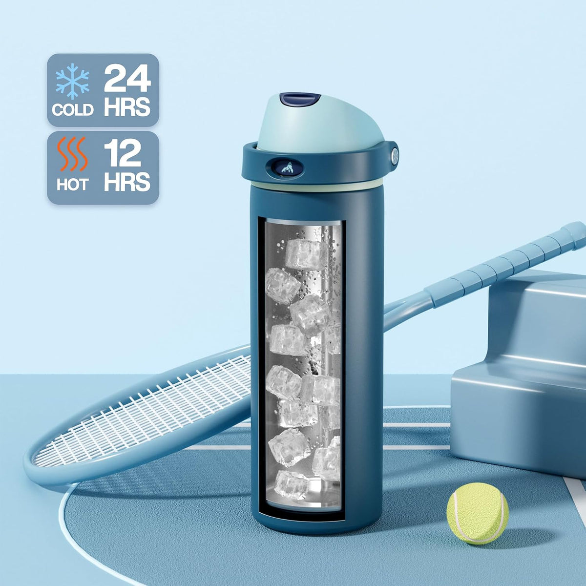 POWCAN 24 oz Insulated Stainless Water Bottle: 2-in-1 Push-Button Spout & Quick-Flip Straw, Leakproof, Cold 24 Hrs, Fits Car Cup Holder, Reusable Metal Bottle for Sports, School Gift (Denim Blue)