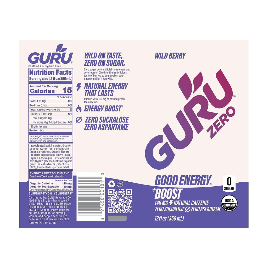 GURU Zero Sugar Organic Energy Drink, Wild Berry, 12 Fl Oz, 24 Pack