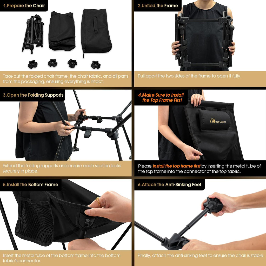 MOON LENCE High Back Folding Camping Chairs, Height-Adjustable, Widened Seat, for Beach with Anti-Sinking Feet (Black)