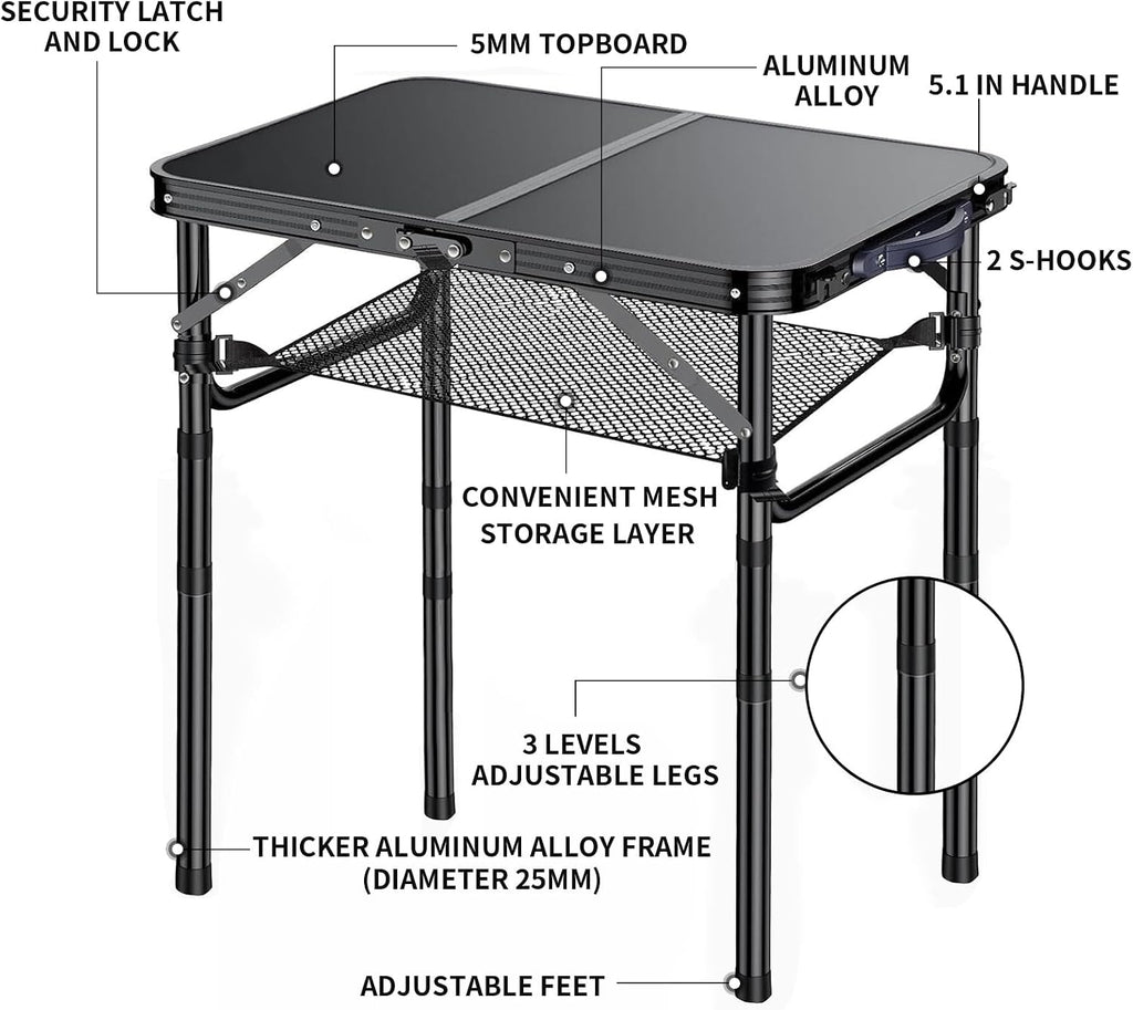 Outdoor Side Table, Portable, 3 Adjustable Height,Small Folding Table