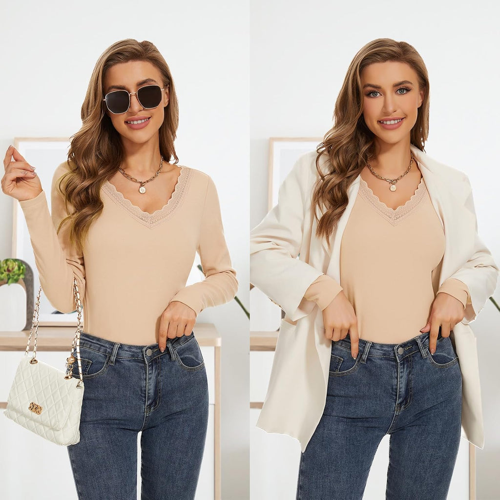 WOWENY Women Thermal Long Sleeve Shirt Fleece Lined Basic Fitted Tops Lace V Neck Undershirts Winter Tight Base Layer