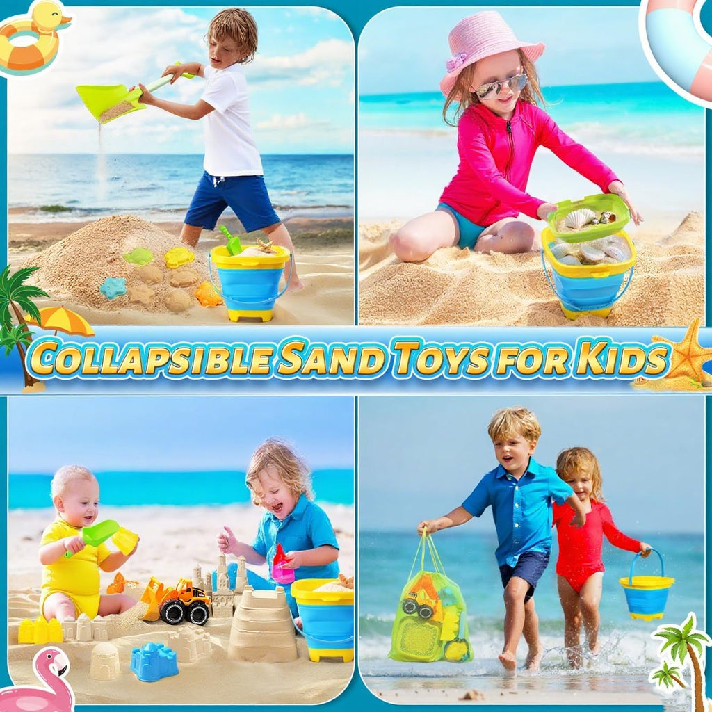Collapsible Beach Sand Toys for Kids, Sandbox Toys Summer Travel Essentials | Includes Bucket, Sand Shovel, Beach Sifter, Castle Molds, Toddler Beach Toys with Mesh Bag, Outdoor Beach for Kids Girls