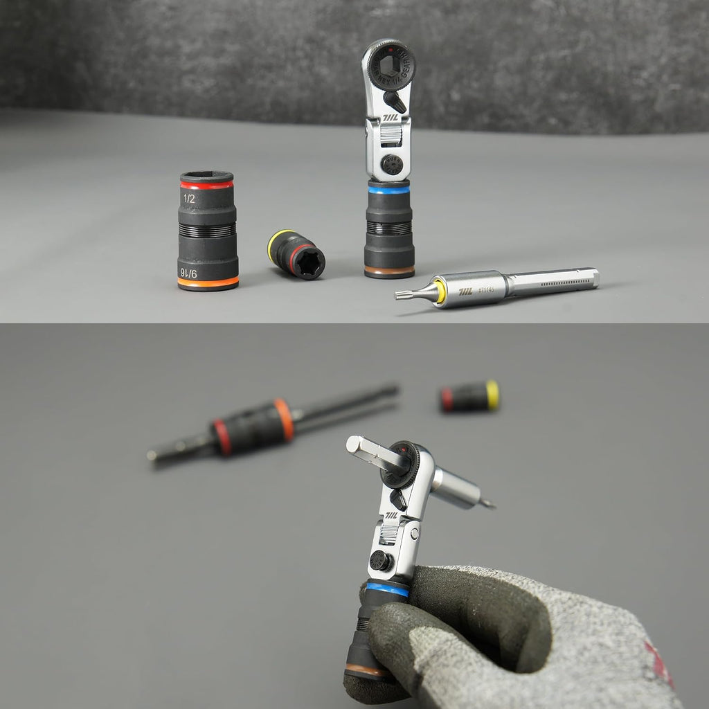 711L EDC Flex Head Ratchet Wrench with T-Handle, 1/4 Inch Mini Ratchet Tool with Socket Extension and Keyring Hole for Everyday Carry