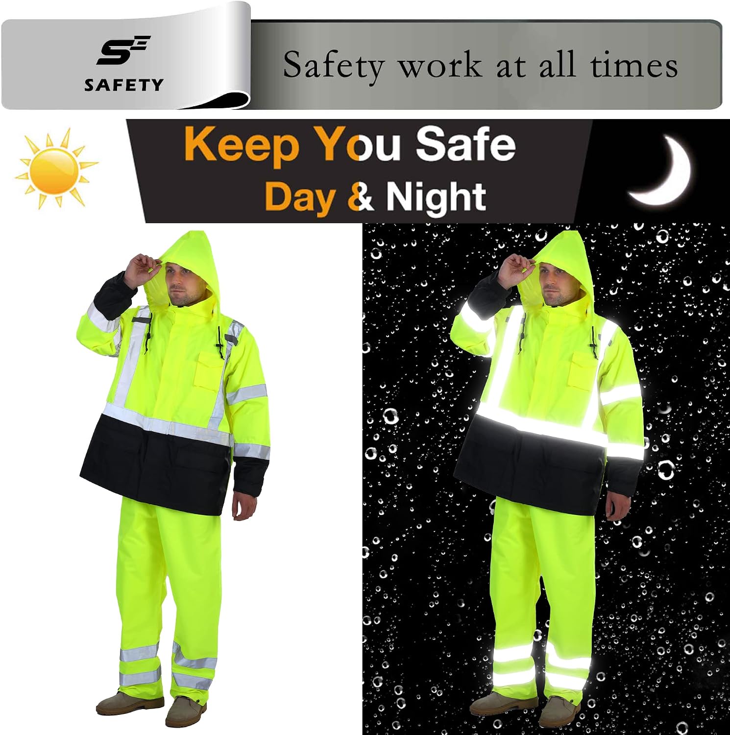 sesafety Hi Vis Rain Jacket, Rain Suits for Men Waterproof withBlack Bottom