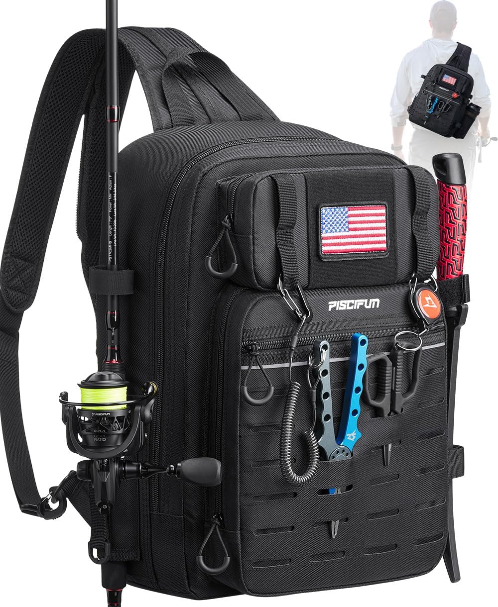 Piscifun Fishing Backpack Tackle Bag with 2 Rod Holders, Multi-Compartment Storage, MOLLE System, Water-Resistant Lightweight Outdoor Pack,Double Shoulder Black Large