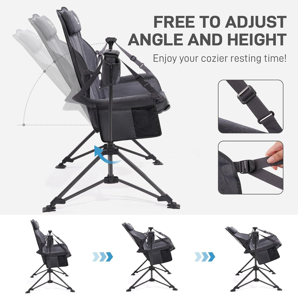 EVER ADVANCED Padded Hammock Camping Chair, Oversized Heavy Duty Swing Chair with Detachable Cup Holder, Portable Folding Rocking Camping Chair, Support Up to 400lbs, Grey