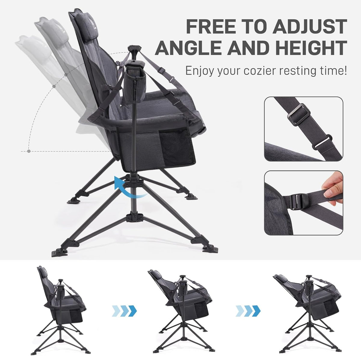 EVER ADVANCED Padded Hammock Camping Chair, Oversized Heavy Duty Swing Chair with Detachable Cup Holder, Portable Folding Rocking Camping Chair, Support Up to 400lbs, Grey