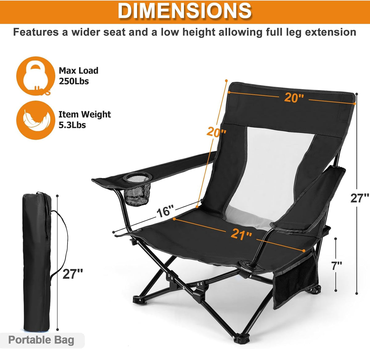 Joyfair Beach Camping Chair (2 Pack), Folding Chair for Adults (Black)