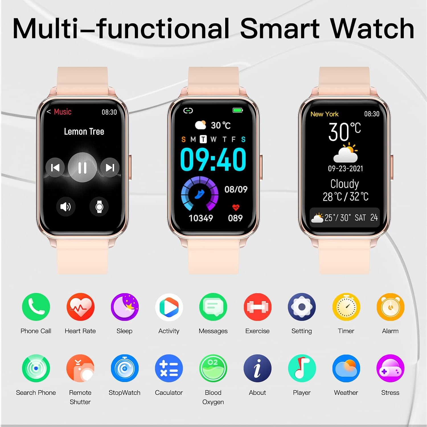 Smart Watch Fitness Tracker Make/Answer calls for Women Men with Heart Rate Blood Oxygen Sleep Monitor Sports Modes Step Calorie Counter IP68 Waterproof for Android Phones iPhone (Rectangle, Pink)