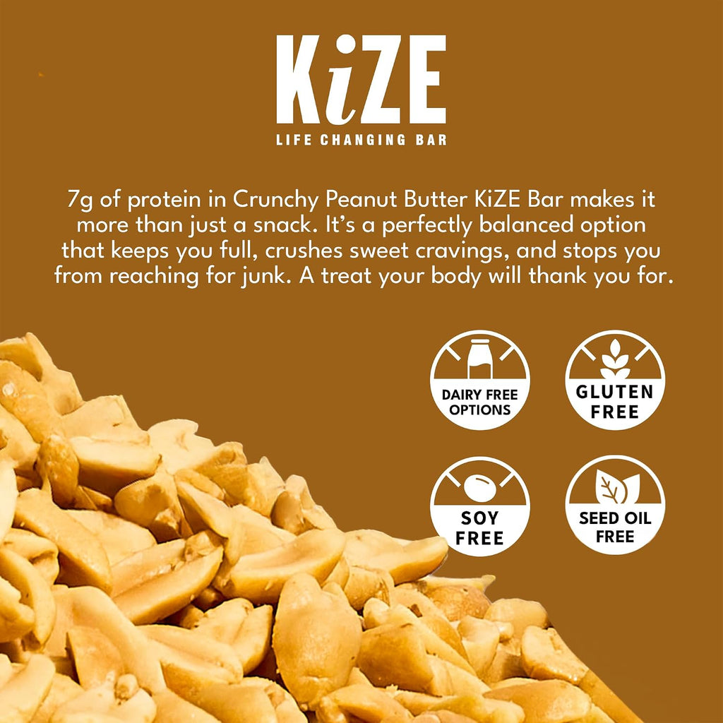 KiZE Energy Bars - Crunchy Peanut Butter - 30-Count - Gluten Free, Dairy Free, Non-GMO, and High Protein Meal Replacement Energy Bars, Clean and Simple Food Ingredients - 7g High Protein Snacks (30 Count)