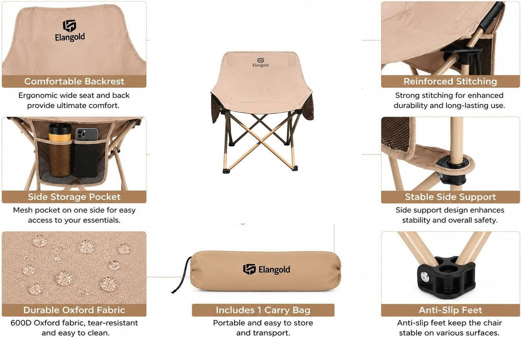 ELangod Folding Camping Chair Set, 2 Pack Portable Outdoor Chairs