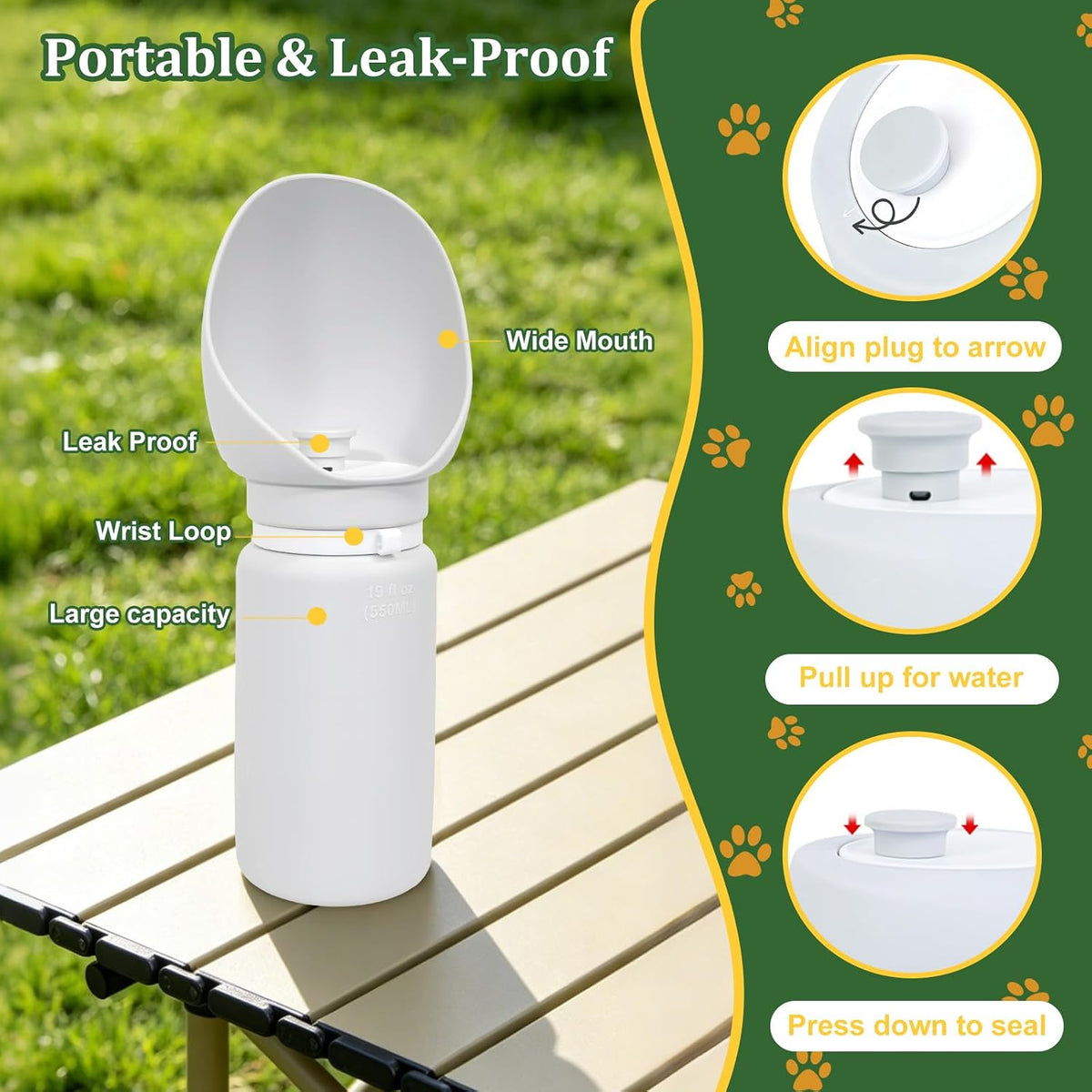 2 in 1 Foldable Dog Water Bottle, Leakproof Portable Pet Dispenser, Grey