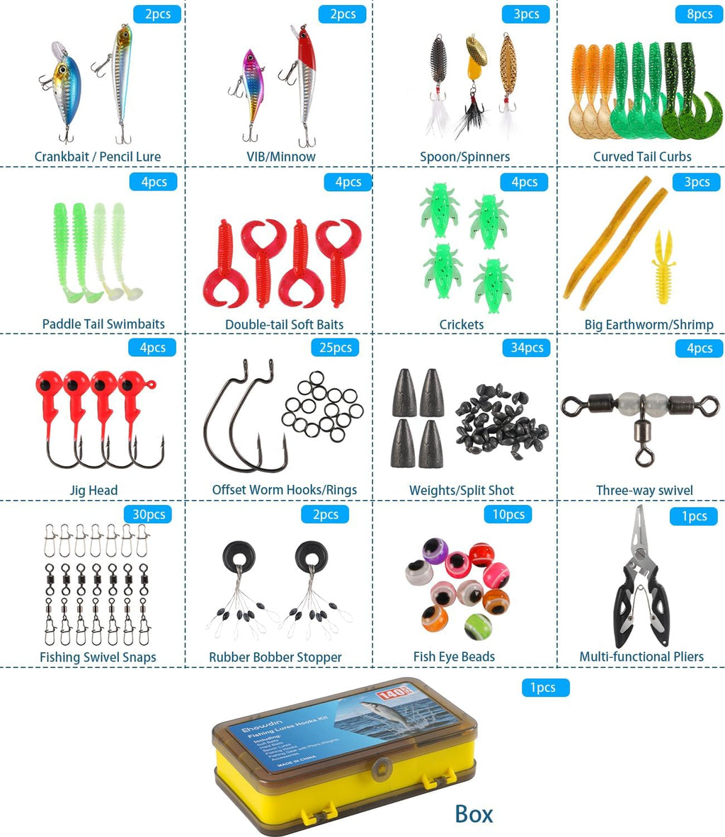 140/234PCS Fishing Lures Kit with Pliers, Fishing Gear Tackle Box Included Tackles, Bionic Baits,Spoon, Hooks, Weights Freshwater, Saltwater and Accessories for Men Women Kids