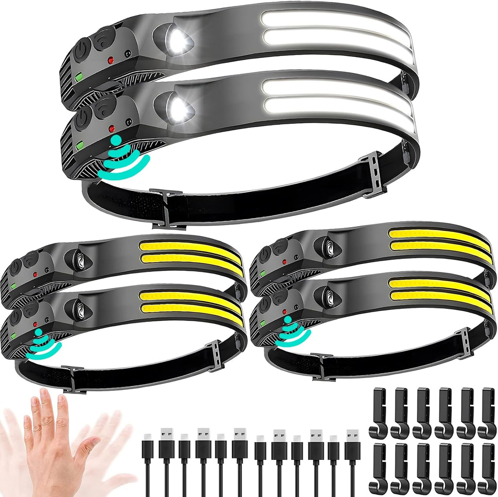 Beccason LED Headlamp Rechargeable 6PCS - 230° COB Super Bright Head Lights for Forehead, Hard hat Light for Adults, USB C Headband Flashlight for Work, Hiking, Running, Camping Essentials Gear
