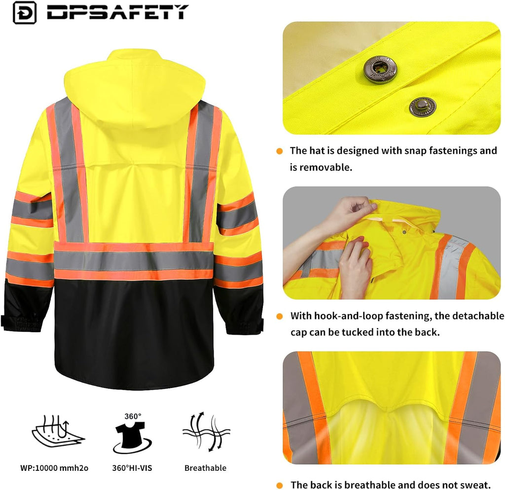 Reflective Rain jackets for men waterproof,Hi Vis Safety Coat With Reflective Strips，High Visibility Class 3 Rain jackets With 2 large pockets，Zipper,Lime,4XL/5XL