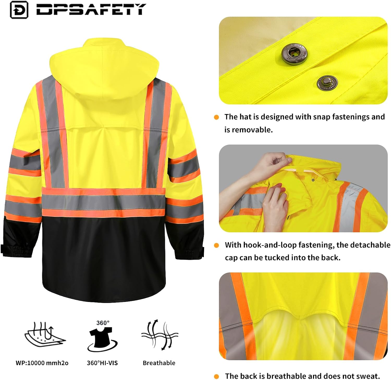 Reflective Rain jackets for men waterproof,Hi Vis Safety Coat With Reflective Strips，High Visibility Class 3 Rain jackets With 2 large pockets,Zipper,Lime,LG/XL