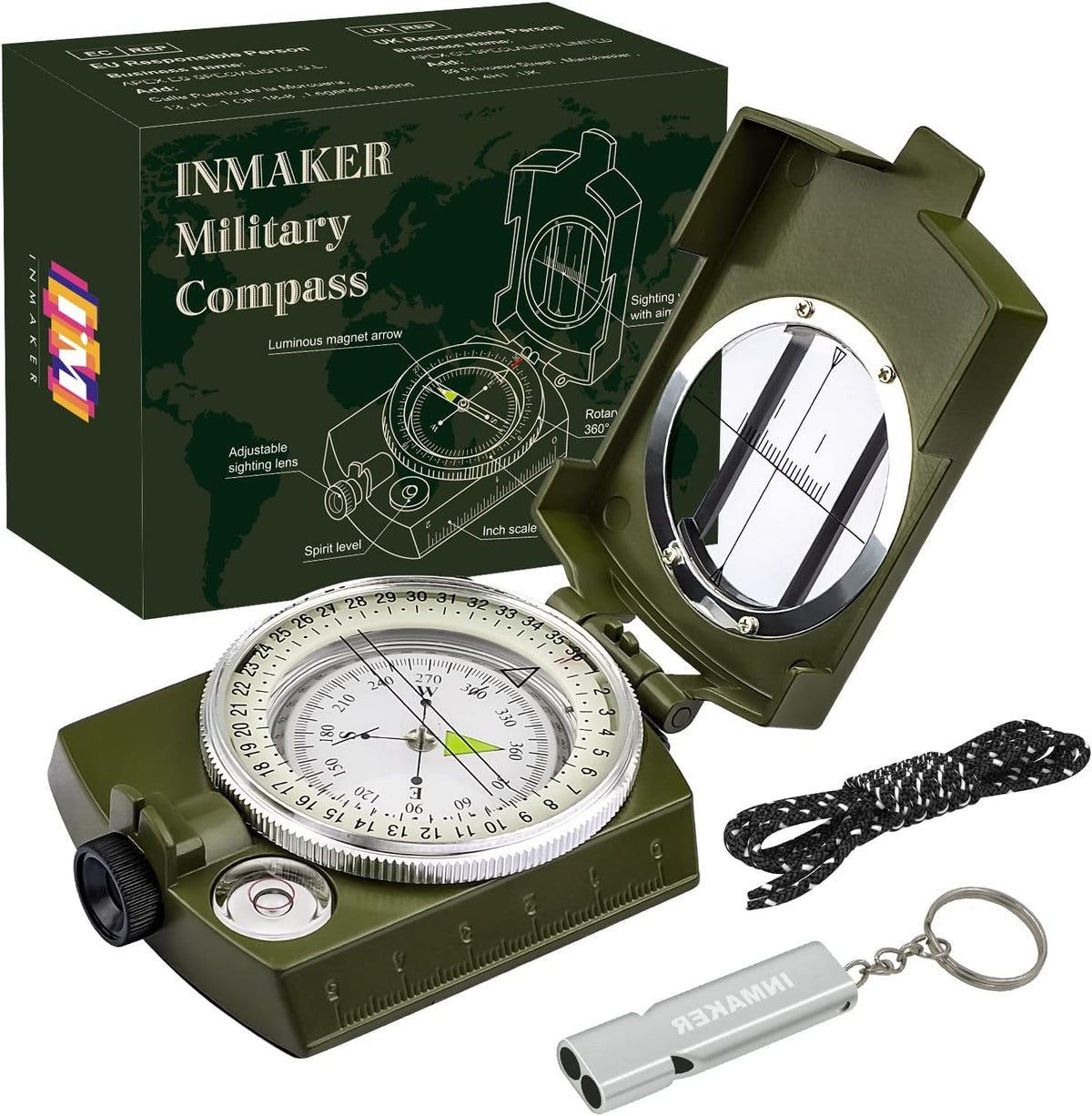 INMAKER Compass, Compass Hiking with Survival Whistle, Luminous Compass Gift for Kids, Apply to Outdoor Survival, Camping and Navigation