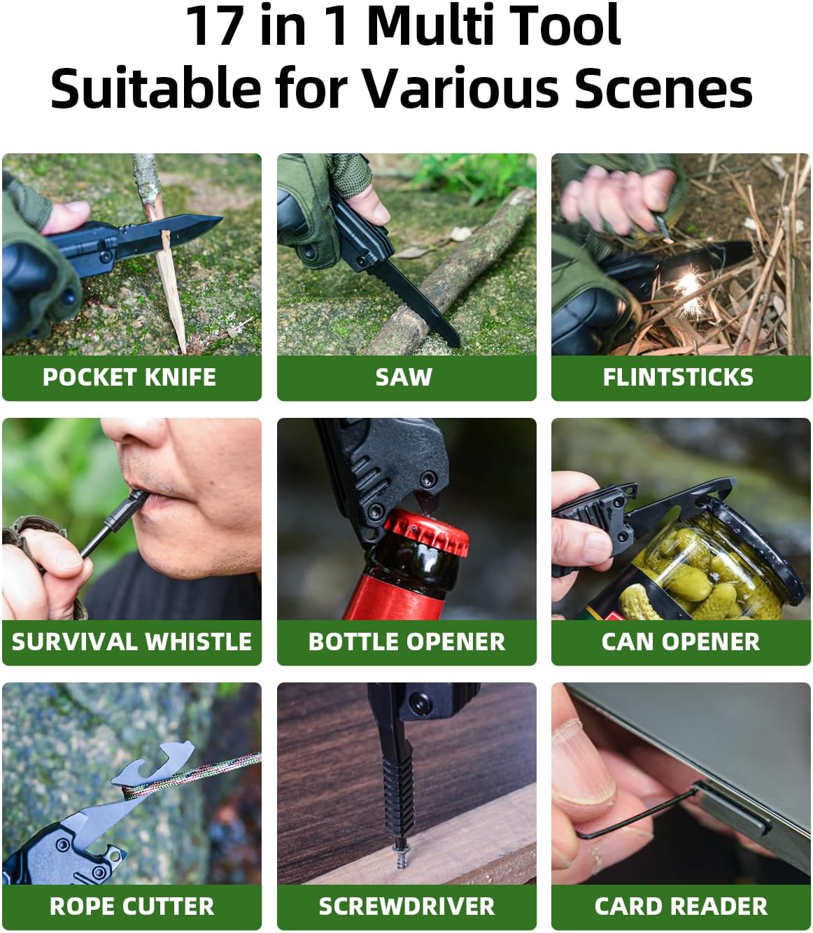 17 in 1 Multitool Knife Fire Starting Stick Bottle Opener Saw for Camping