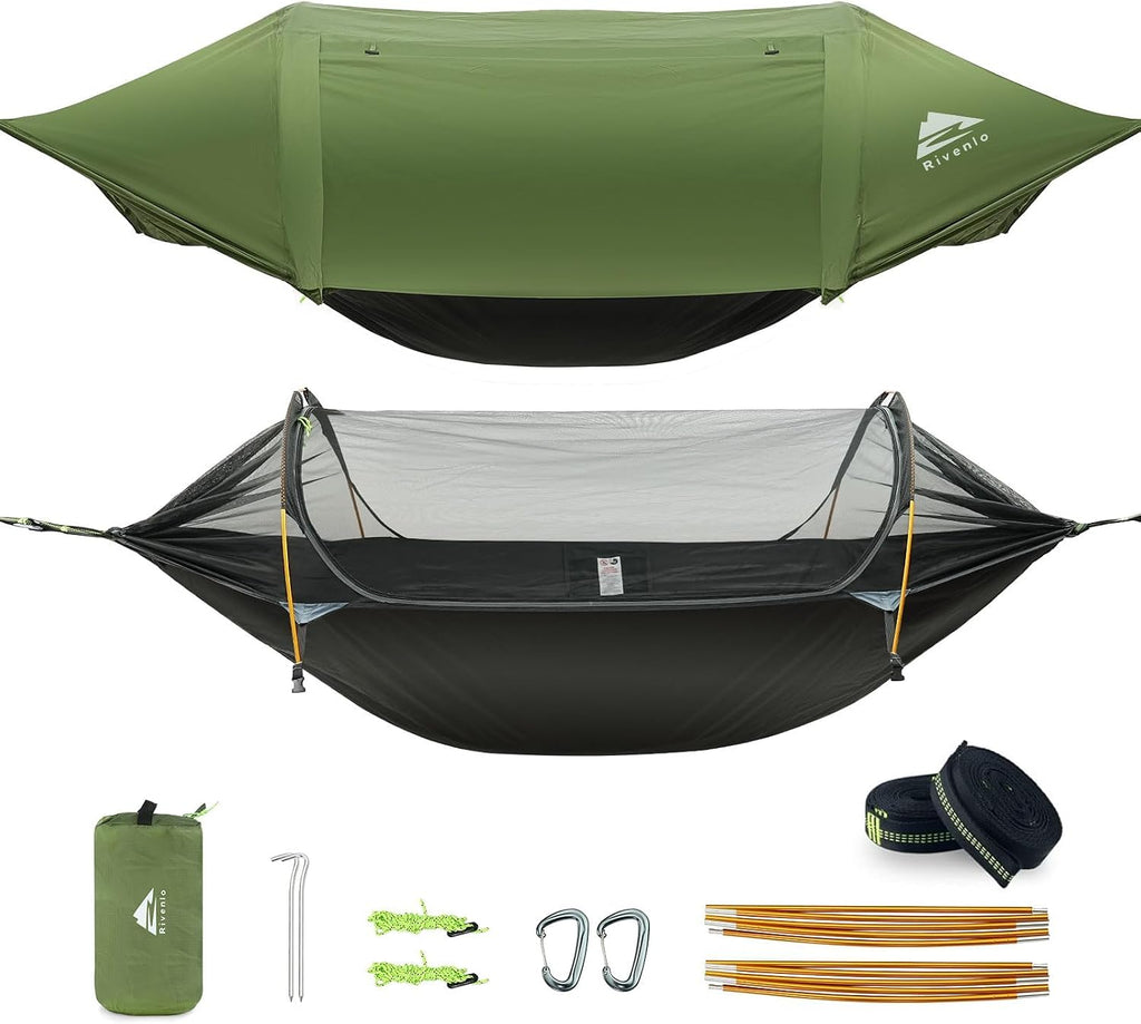 Camping Hammock Tent with Mosquito Net & RainFly, 3 in 1 Waterproof Portable Sleeping Hammock Bug Backpacker Lightweight Outdoor Gear Swing for Hiking Travel Patio Expedition(Dark Green)