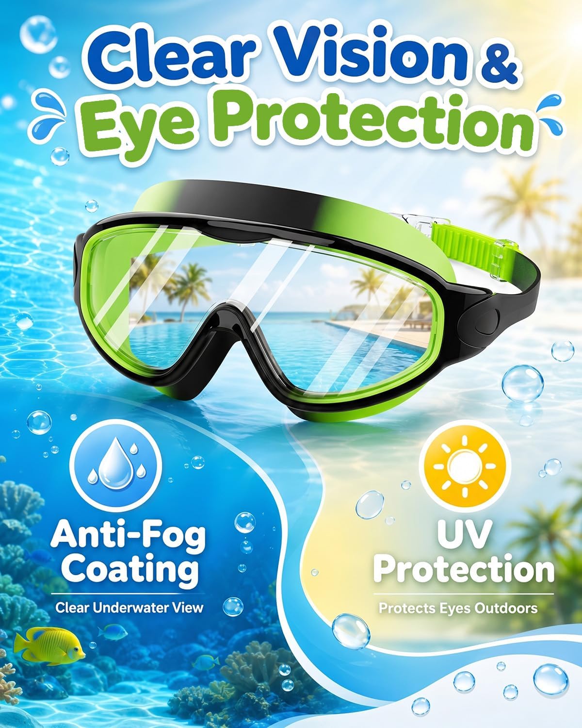 Kids Swim Goggles 2 Pack, Anti Fog No Leak UV Protection Ages 4-15