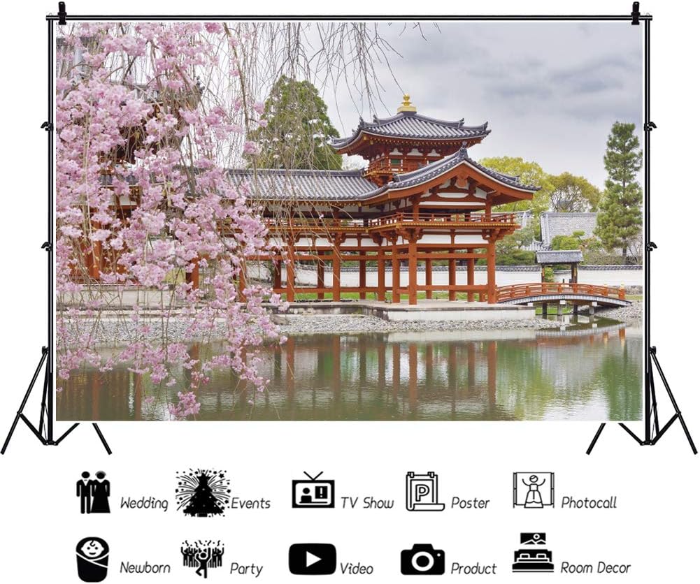 10x8ft Japan Scenery Photography Backdrop Japanese Style Building Garden Pink Cherry Asian Travel Themed Birthday Party Wedding Portrait Photo Studio Props Background Room Wallpaper