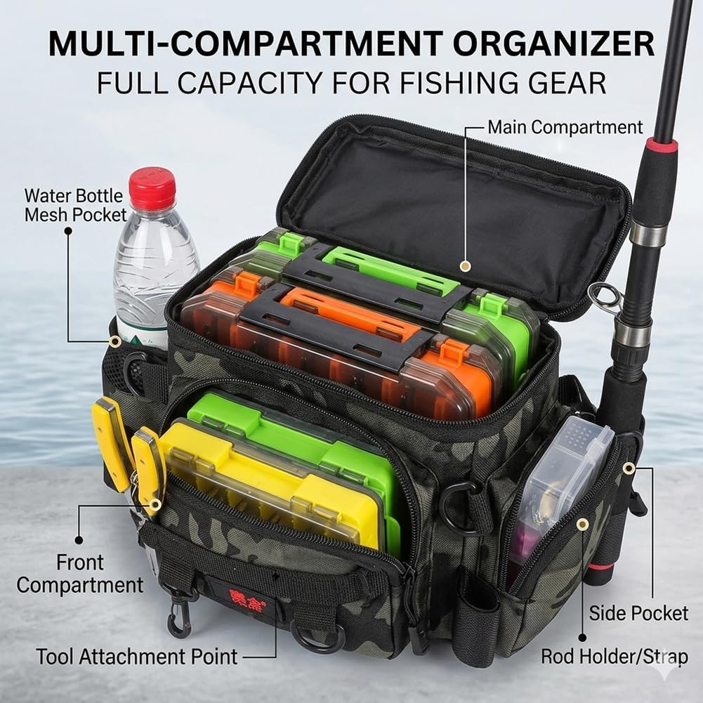 Oxford Fishing Tackle Bag, Water-Resistant Portable Multi-Pocket Fishing Gear Backpack for Anglers, with Rod Holder & Shoulder Strap