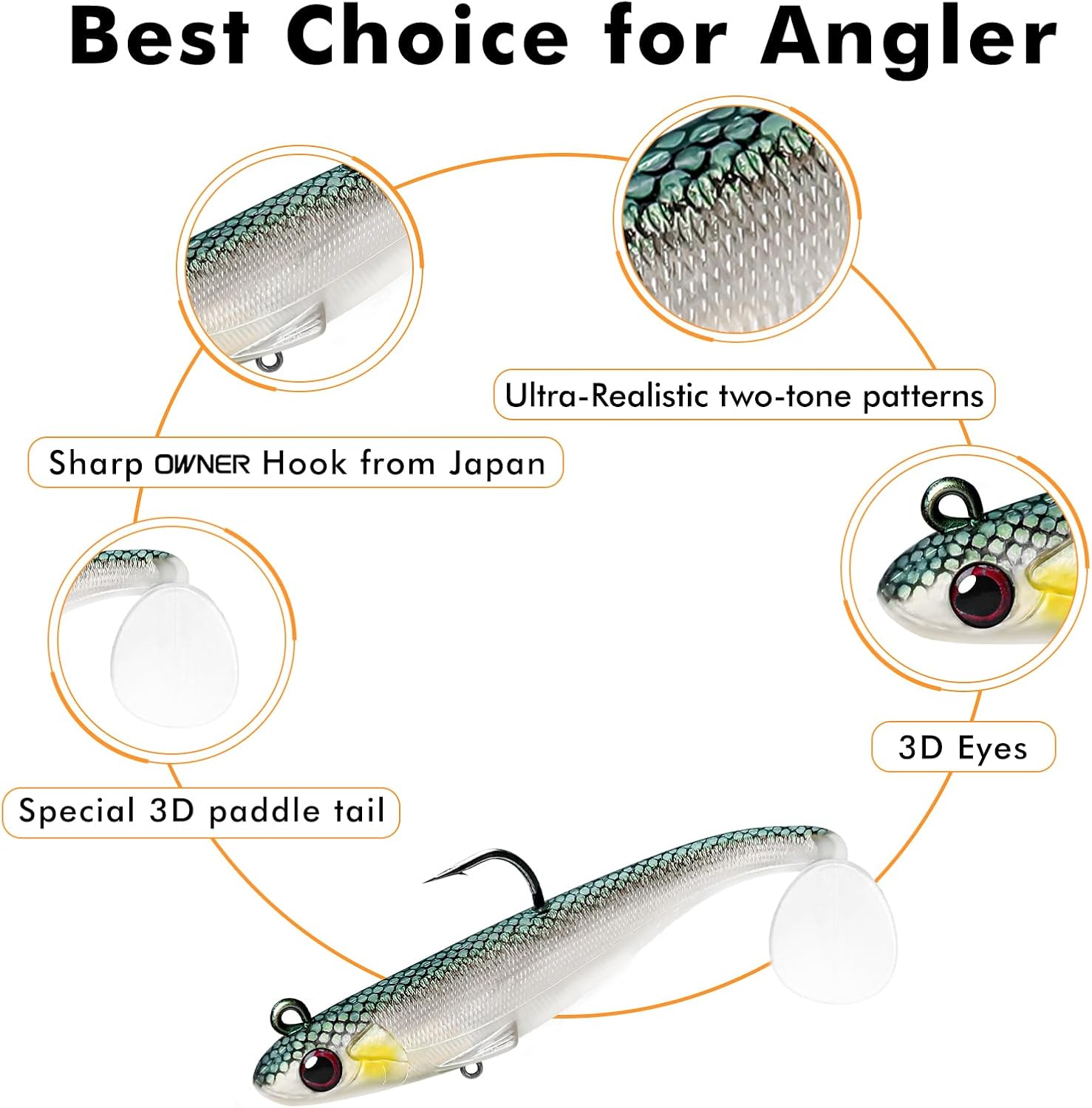 TRUSCEND Shadtale Easy Catch Soft Fishing Lures with BKK Hooks - Trembly Sinking and Vibrating Swim for More Bites, Pre-Rigged Swimbaits for Bass, Trout, Crappie, Walleye, Freshwater Saltwater Fishing