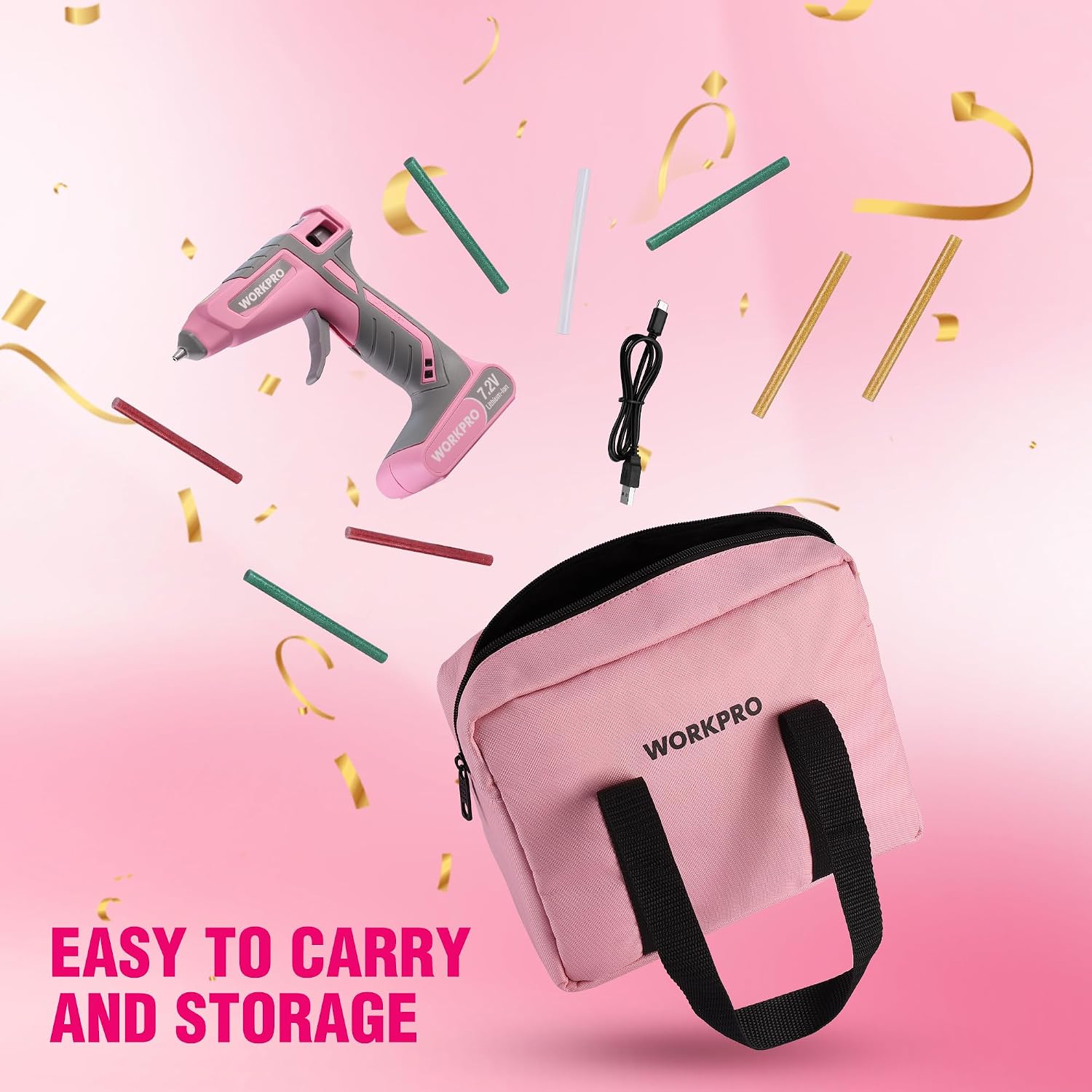 WORKPRO Cordless Hot Glue Gun, 7.2V Dual-Temp Kit, Pink