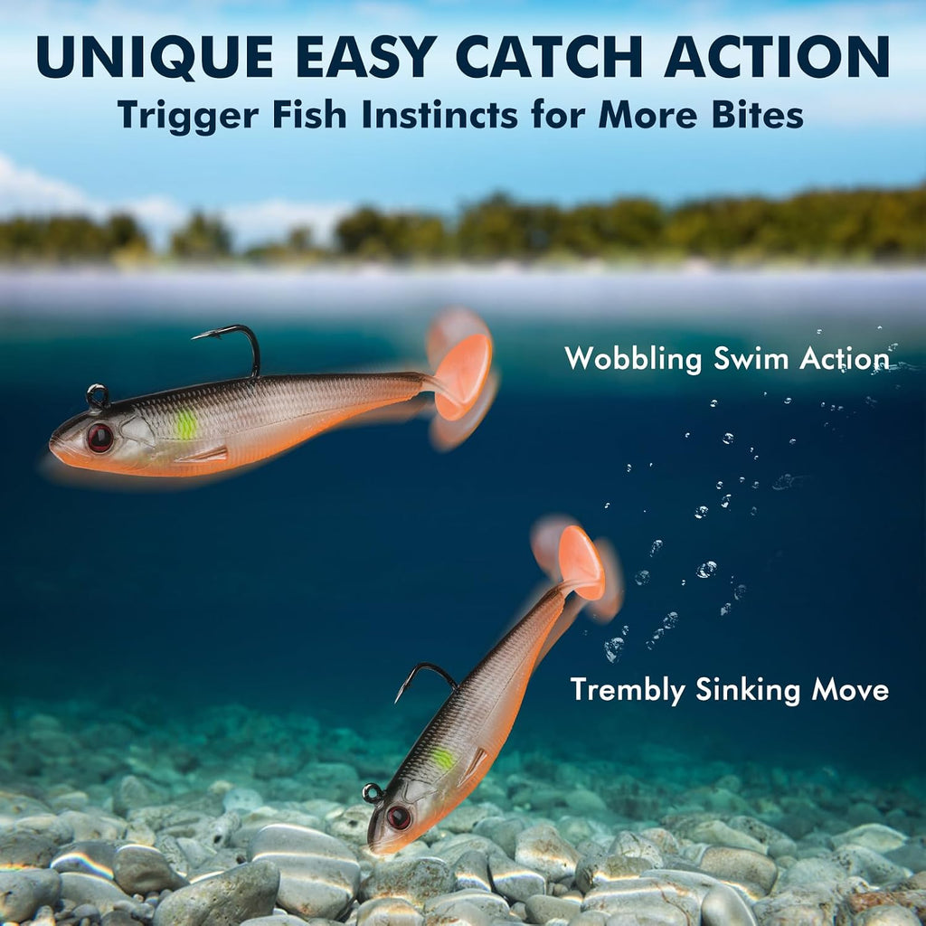 TRUSCEND Shadtale Easy Catch Soft Fishing Lures with BKK Hooks - Trembly Sinking and Vibrating Swim for More Bites, Pre-Rigged Swimbaits for Bass, Trout, Crappie, Walleye, Freshwater Saltwater Fishing