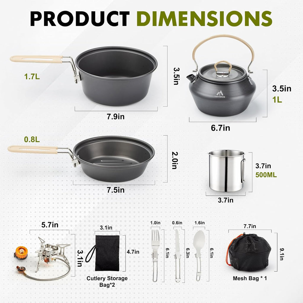 THTYBROS 27pcs Camping Cooking Set for 2-4 People, Portable Cookware Set with Kettle, Pots & Pans, Stainless Steel Utensils, Plates, Dishware for Backpacking, Picnic, Outdoor Adventures