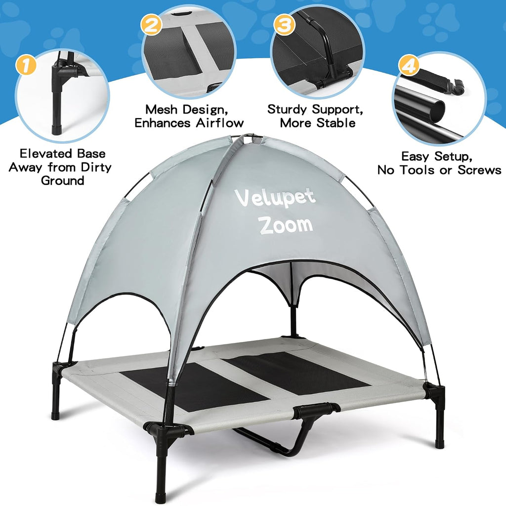 4-in-1 Pet Travel & Outdoor Set, Include 36in Gray Elevated Dog Bed with Canopy, Dog Canopy Bed, Pet Back Seat Cover, 50ft Tie Out Cable, Collapsible Double Pet Bowls