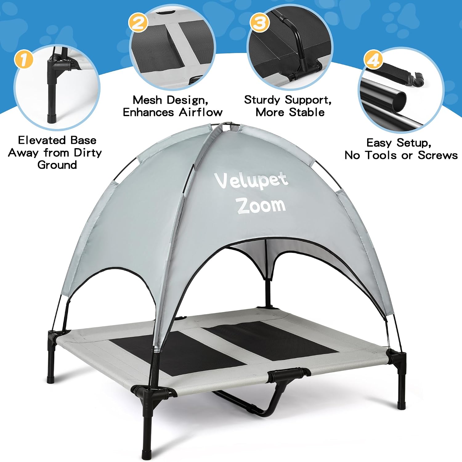 4-in-1 Pet Travel & Outdoor Set, Include 36in Gray Elevated Dog Bed with Canopy, Dog Canopy Bed, Pet Back Seat Cover, 50ft Tie Out Cable, Collapsible Double Pet Bowls