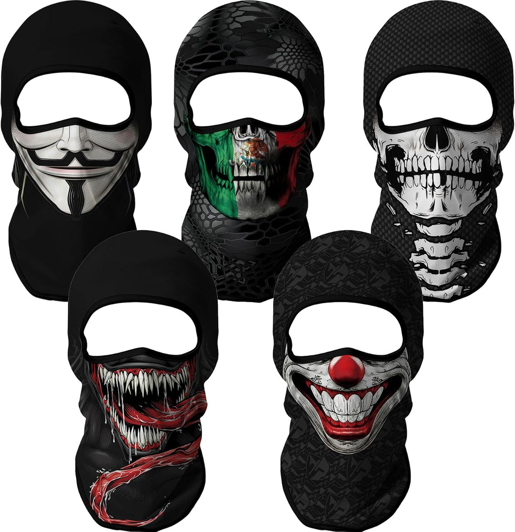 Red Plume 5PCS Ghosts Skull Print Balaclava Full Face Ski Mask UV Protection for Motorcycle Riding Outdoor Sports Men & Women