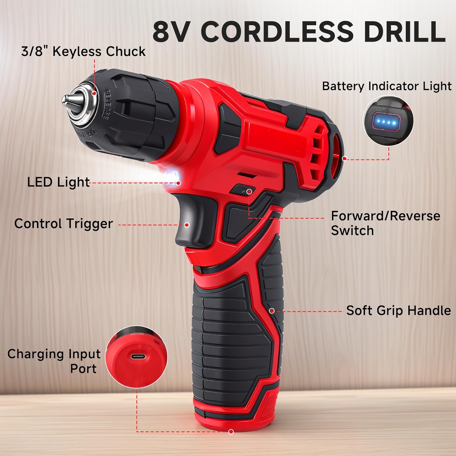 8V Cordless Drill Set, 132-Piece Home Tool Set for DIY & Home Improvement