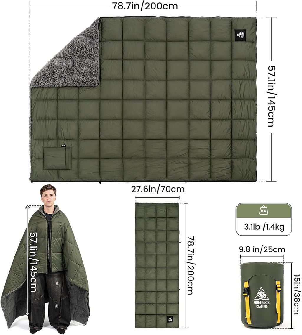 ONETIGRIS Oversized Camping Blanket, Wearable Sherpa Blanket with Zipper