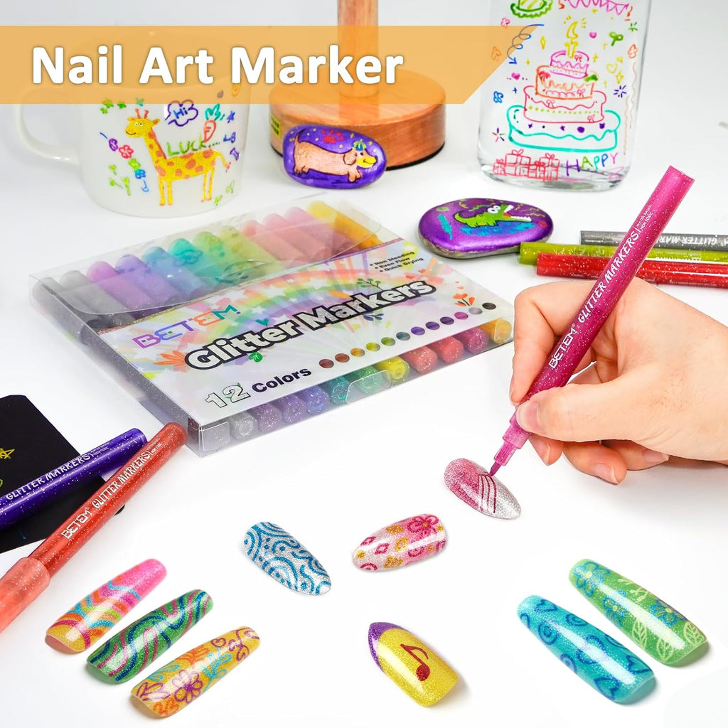 12 Colors Glitter Nail Art Pens Set, 3D Quick-Dry Water-based Ink Glitter Nail Art Markers DIY Manicure Kit for Home Salon Nail Designs, Glitter Pens Markers Nail Polish Pens Graffiti Dotting Pen
