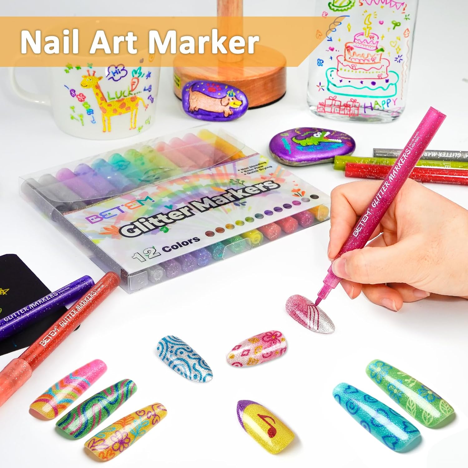 12 Colors Glitter Nail Art Pens Set, 3D Quick-Dry Water-based Ink Glitter Nail Art Markers DIY Manicure Kit for Home Salon Nail Designs, Glitter Pens Markers Nail Polish Pens Graffiti Dotting Pen