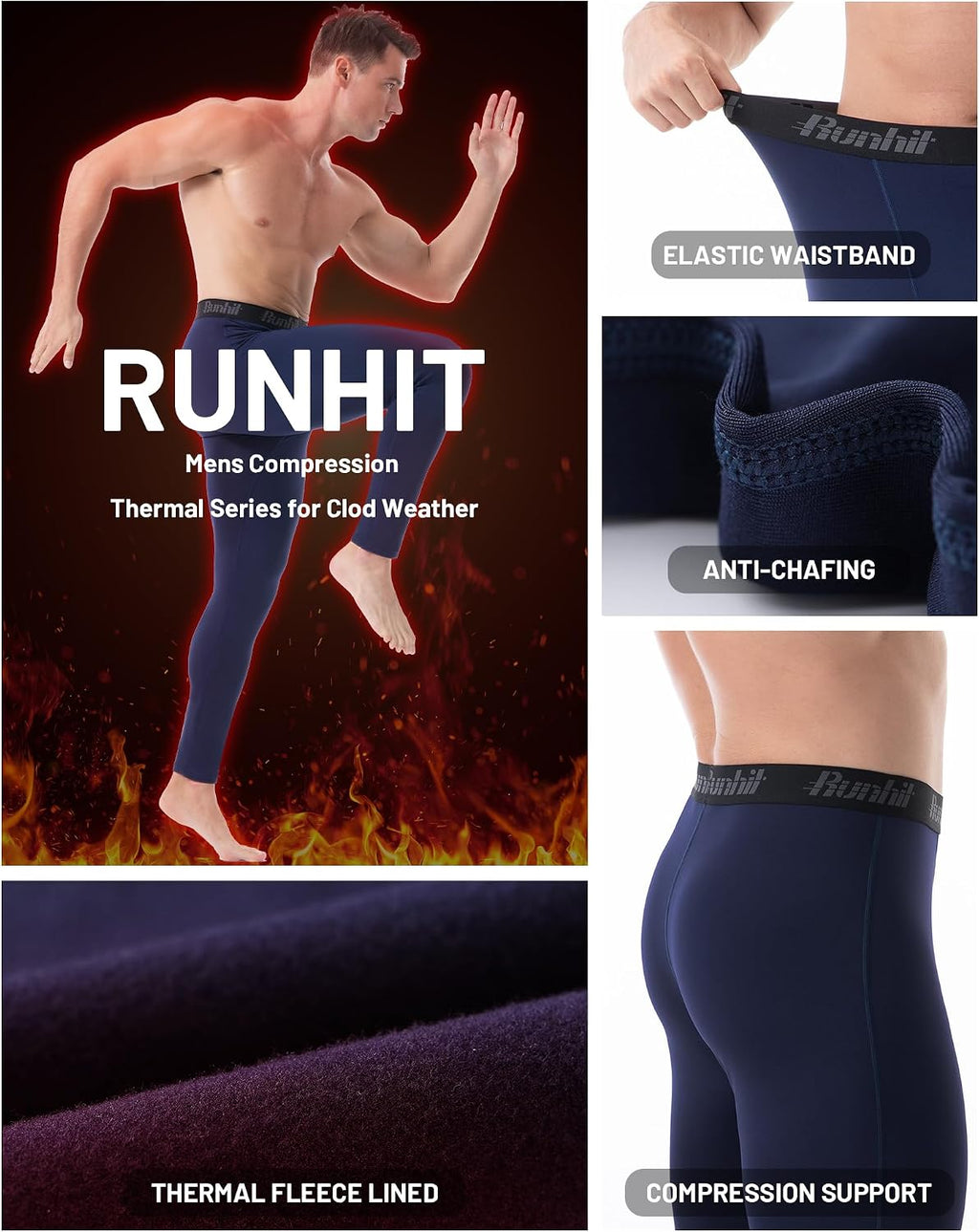Runhit Men's Thermal Compression Pants Fleece Lined Sports Tights Athletic Leggings Base Layer Bottoms Cold Weather Gear