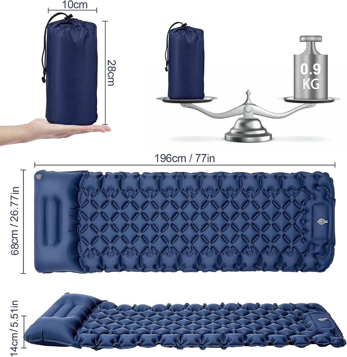 Sleeping Pad, Ultralight 40D Nylon Camping Mat Built-in Pump - Blue