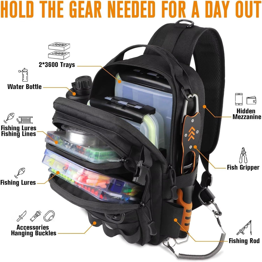 Dovesun Small Fishing Backpack with Tackle Boxes Fishing Sling Bag DIY Embroidery Patches Tackle Bag Gift for Men Black